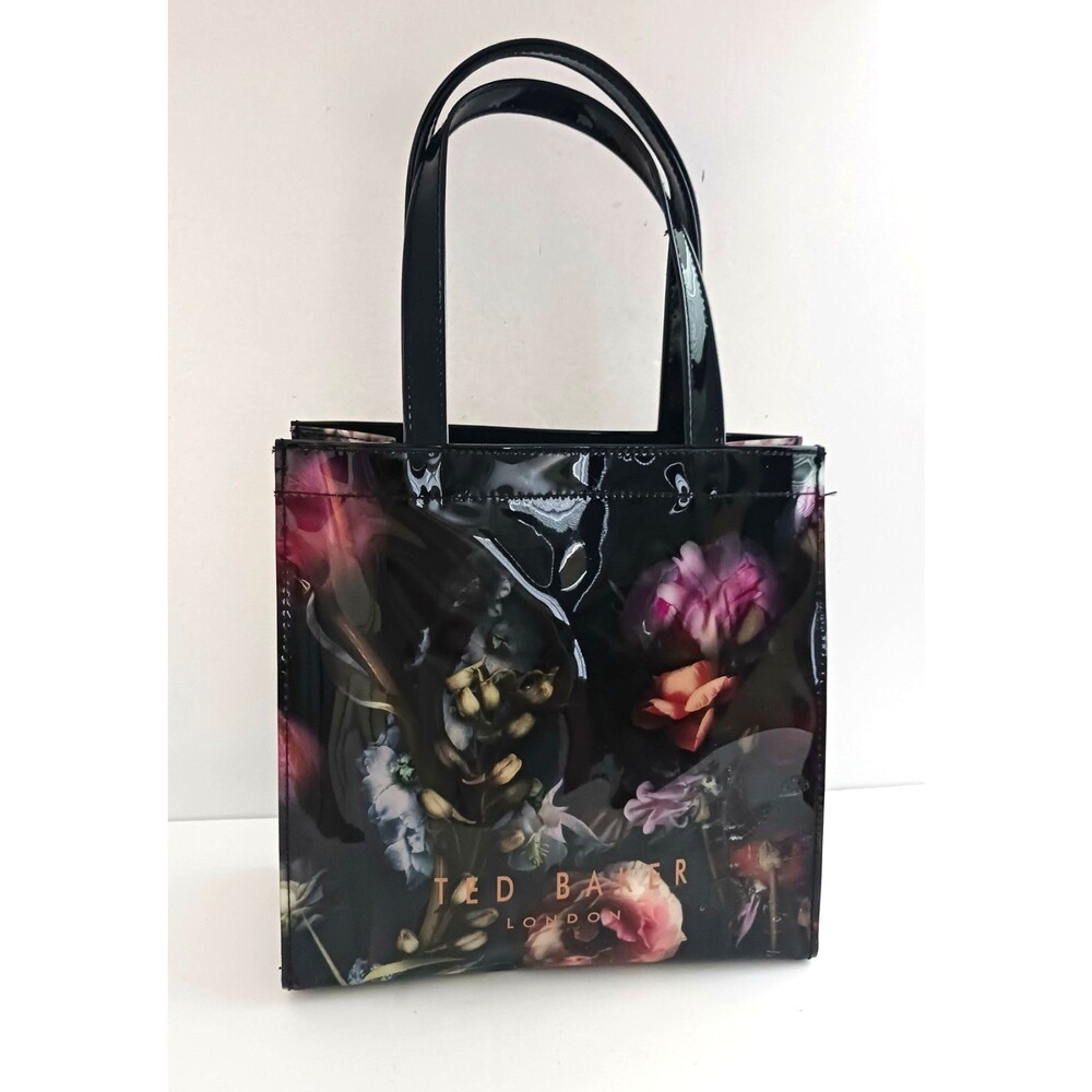 Ted Baker London Small Tote Bag Blk Floral Print Glossy PVC 10X4X9 - Picture 7 of 13